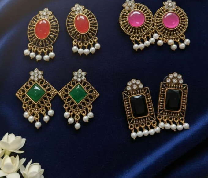 Avnee's Antique Stone & Pearl Drop Earrings Combo 4 Pairs