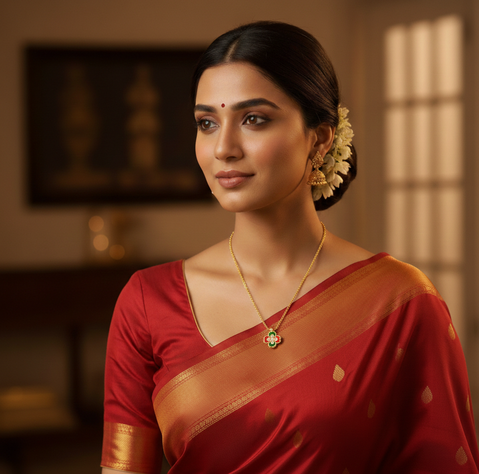 Avnee's Floral Enamel Gold Plated Pendant With Chain