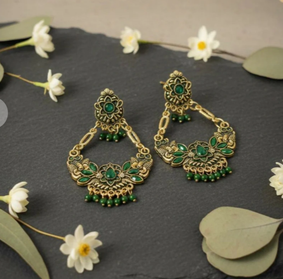 Avnee's Green Ethnic Chandbali Style Drop Earrings