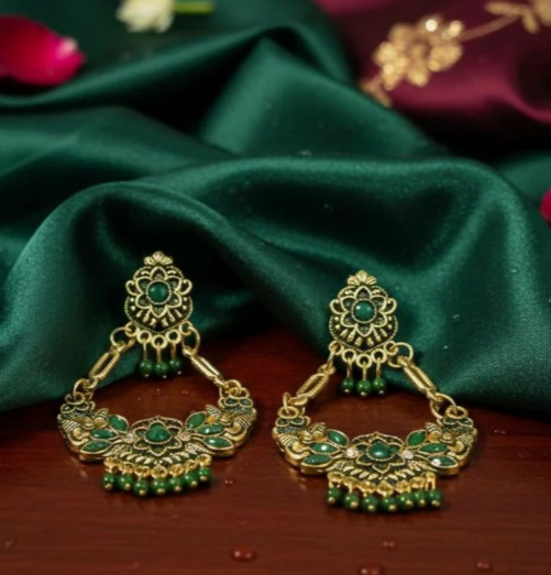 Avnee's Green Ethnic Chandbali Style Drop Earrings
