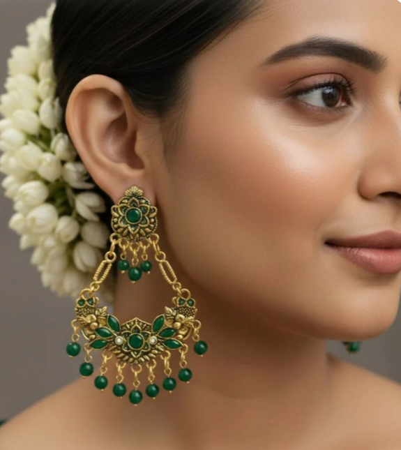 Avnee's Green Ethnic Chandbali Style Drop Earrings