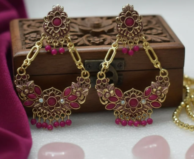 Avnee's Pink Ethnic Chandbali Style Drop Earrings