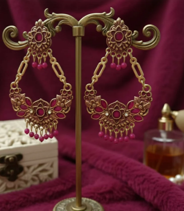 Avnee's Pink Ethnic Chandbali Style Drop Earrings