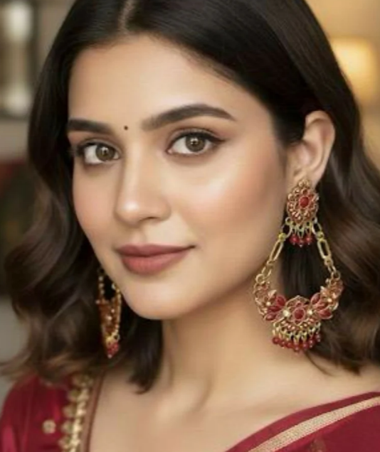 Avnee's Red Ethnic Chandbali Style Drop Earrings