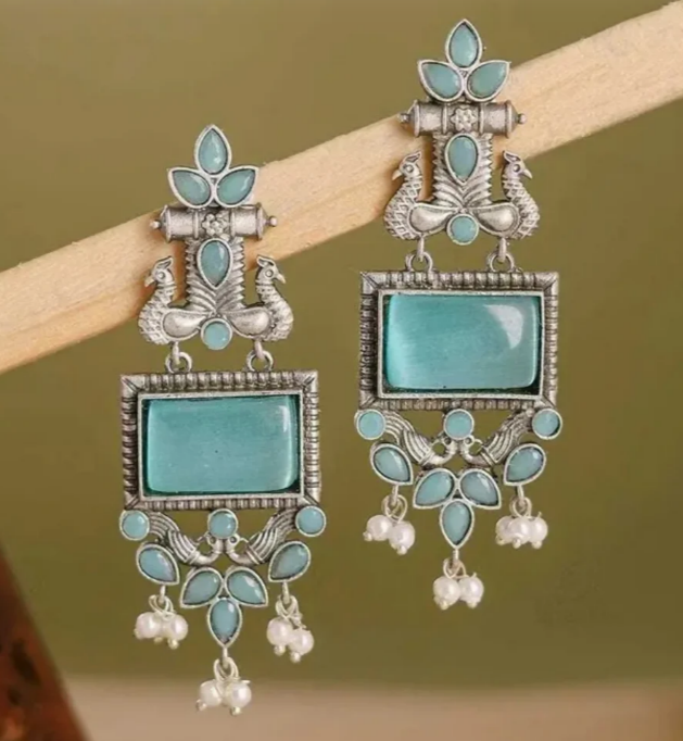 Avnee's Traditional Oxidized Silver Blue Stone Pearl Drop Earrings