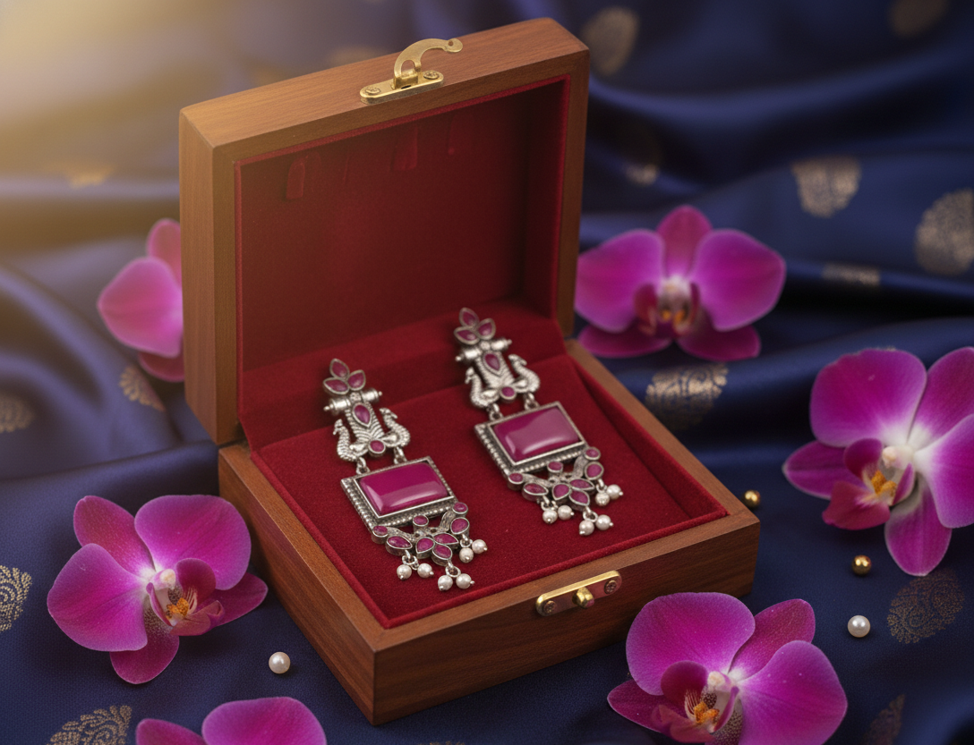 Avnee's Traditional Oxidized Silver Pink Stone Pearl Drop Earrings