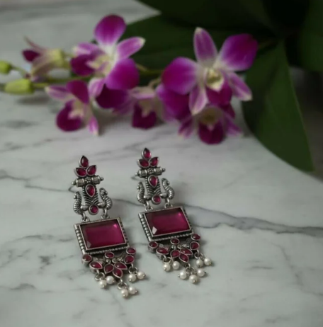 Avnee's Traditional Oxidized Silver Pink Stone Pearl Drop Earrings