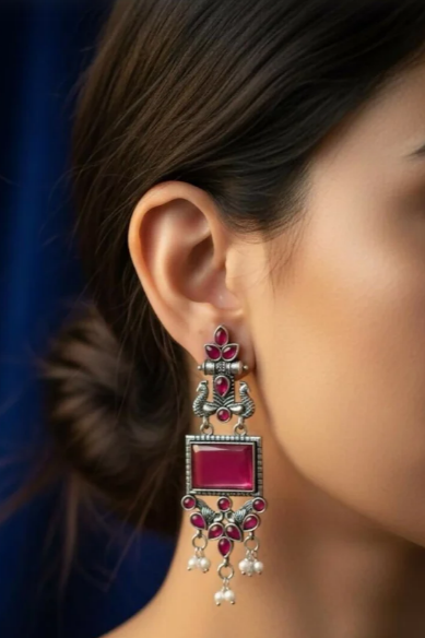 Avnee's Traditional Oxidized Silver Pink Stone Pearl Drop Earrings