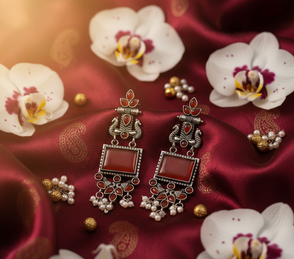 Avnee's Traditional Oxidized Silver Red Stone Pearl Drop Earrings