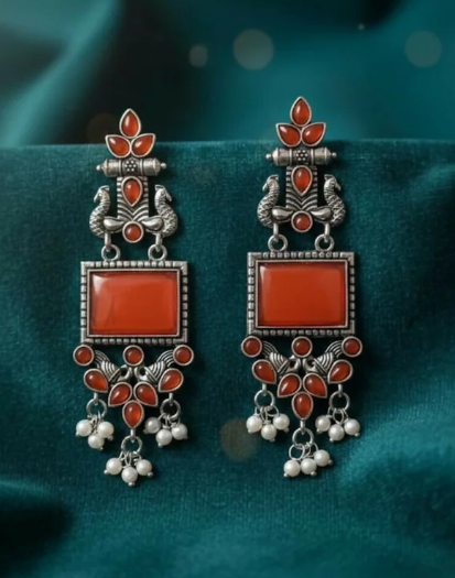Avnee's Traditional Oxidized Silver Red Stone Pearl Drop Earrings