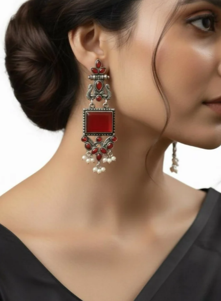 Avnee's Traditional Oxidized Silver Red Stone Pearl Drop Earrings