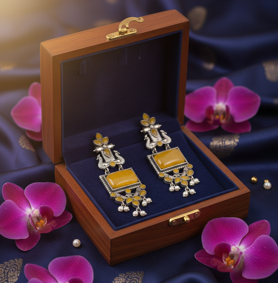 Avnee's Traditional Oxidized Silver Yellow Stone Pearl Drop Earrings