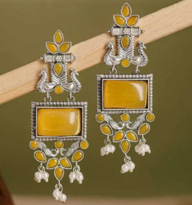 Avnee's Traditional Oxidized Silver Yellow Stone Pearl Drop Earrings