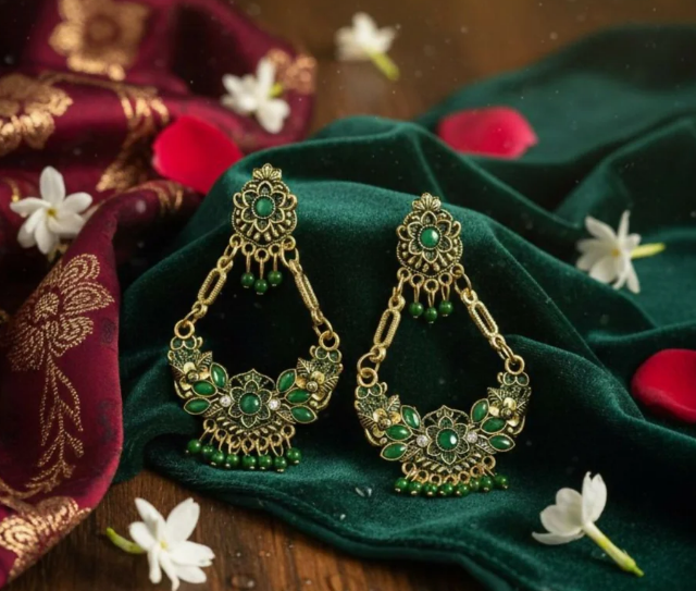 Avnee's Green Ethnic Chandbali Style Drop Earrings