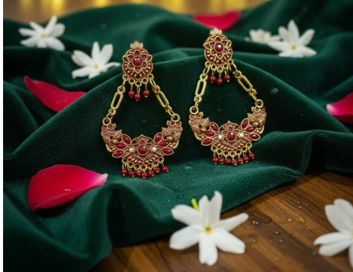 Avnee's Red Ethnic Chandbali Style Drop Earrings thumbnail