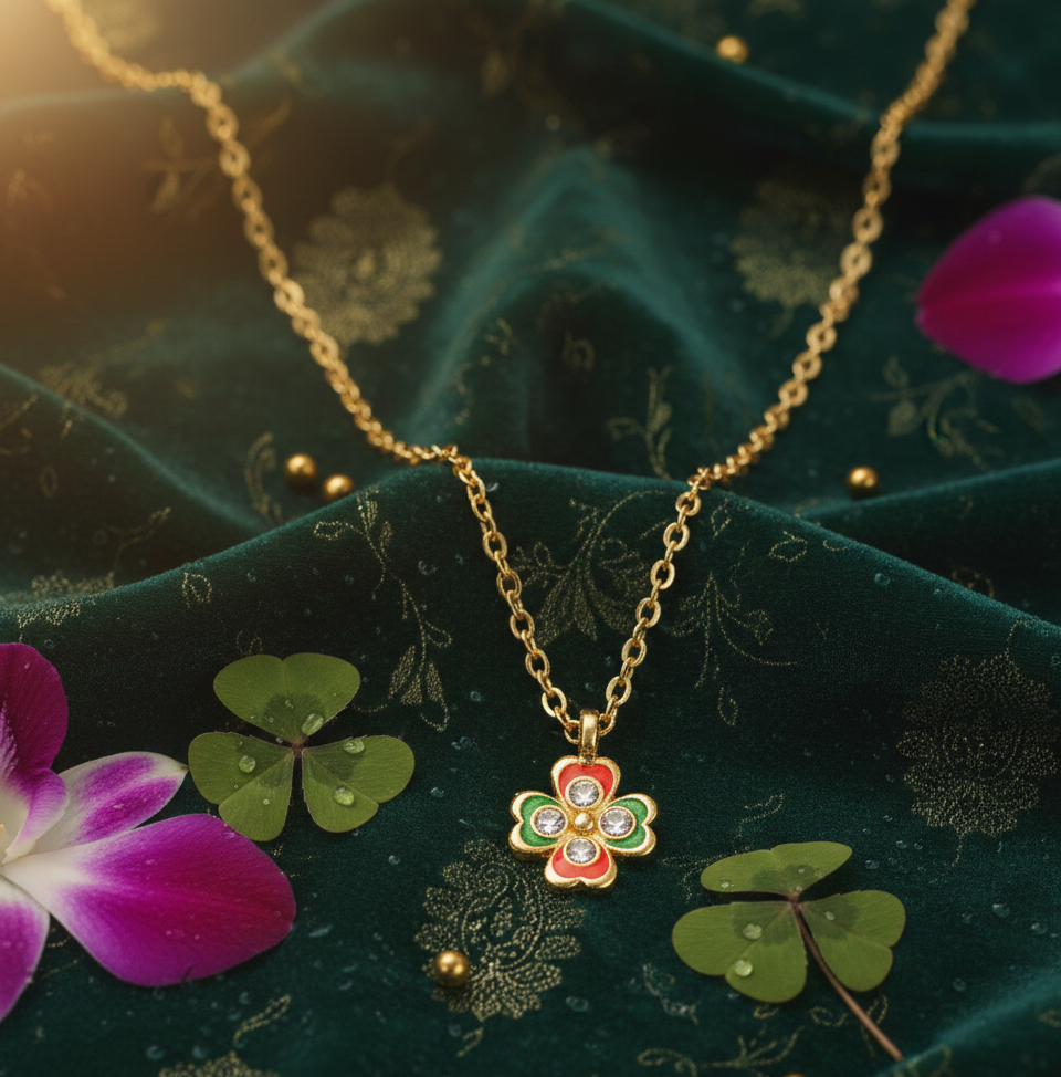 Avnee's Floral Enamel Gold Plated Pendant With Chain