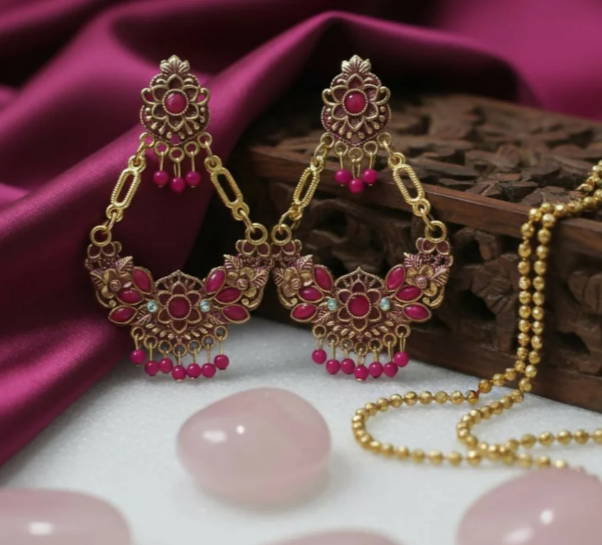 Avnee's Pink Ethnic Chandbali Style Drop Earrings