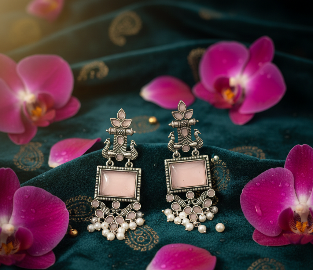 Avnee's Traditional Oxidized Silver Baby Pink Stone Pearl Drop Earrings